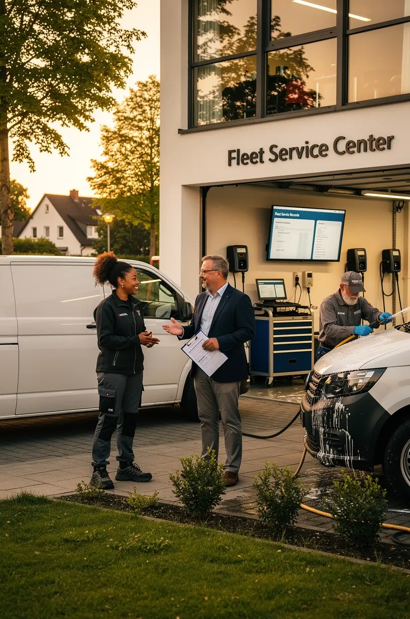 Professioneller Mechaniker prüft den Motor eines Lieferwagens in einem spezialisierten Wartungszentrum für Firmenfahrzeuge