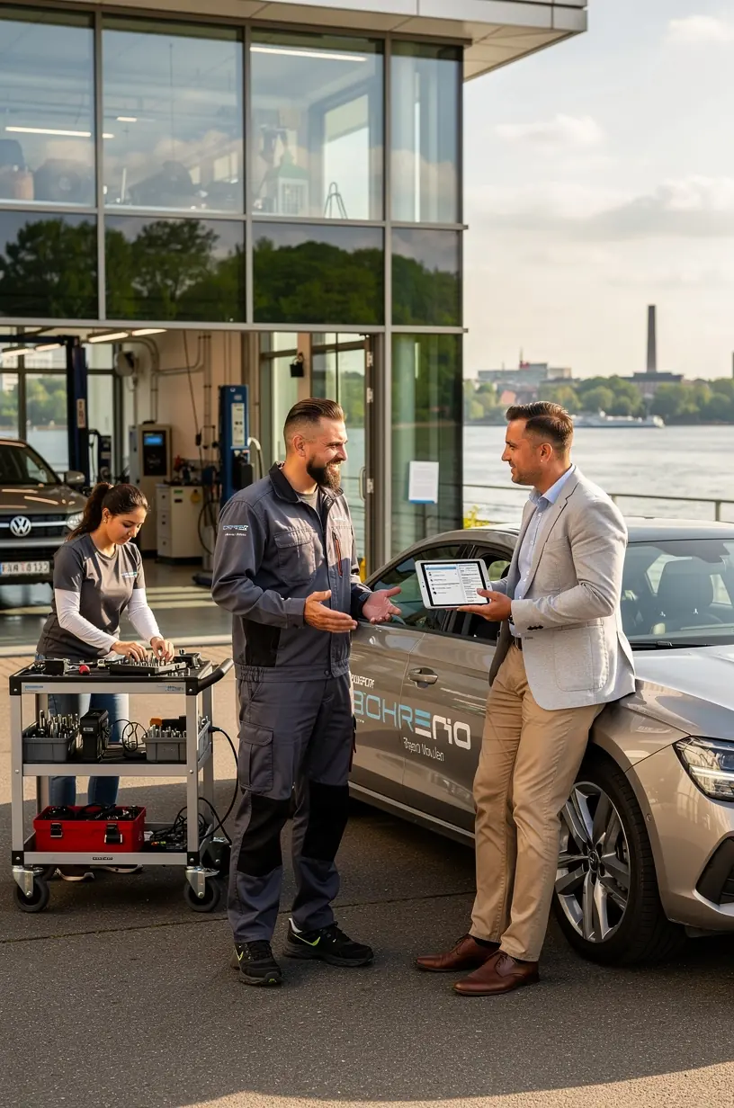 Technikerteam bespricht Wartungsprotokolle vor einer Flotte von Geschäftswagen in einem deutschen Servicezentrum