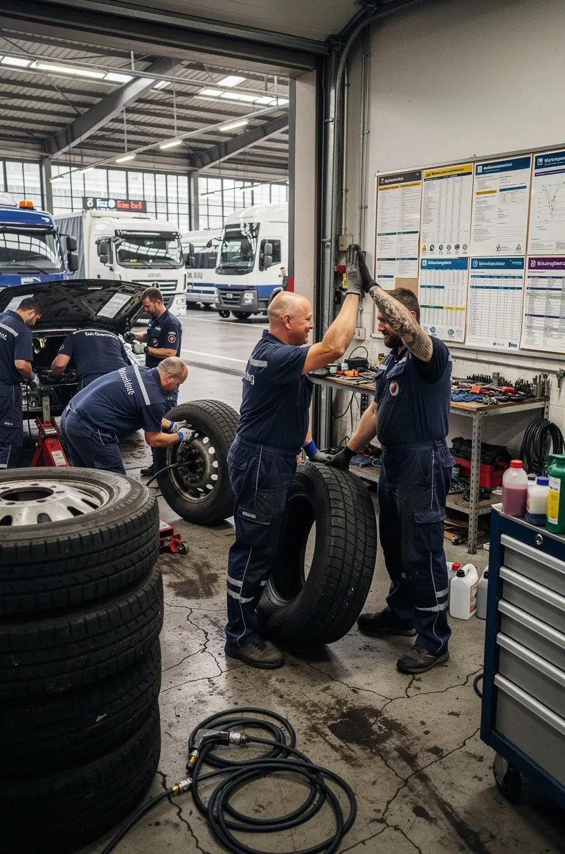 Übersicht über eine Servicehalle mit mehreren Nutzfahrzeugen, die regelmäßig gewartet werden, um Ausfallzeiten zu minimieren